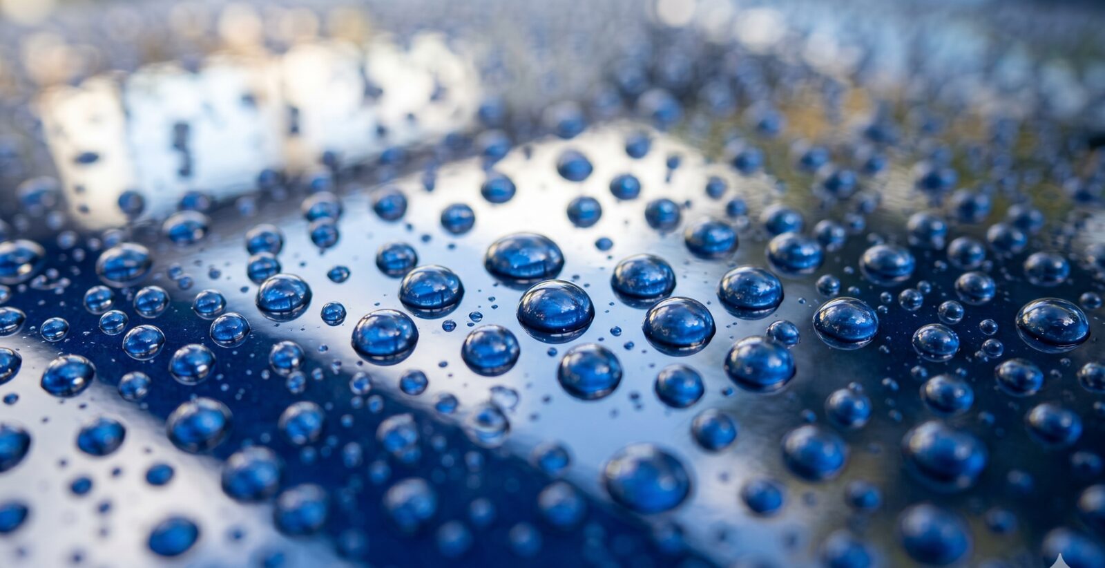 Macro illustration of water beading into round droplets on a freshly ceramic-coated deep-blue car panel