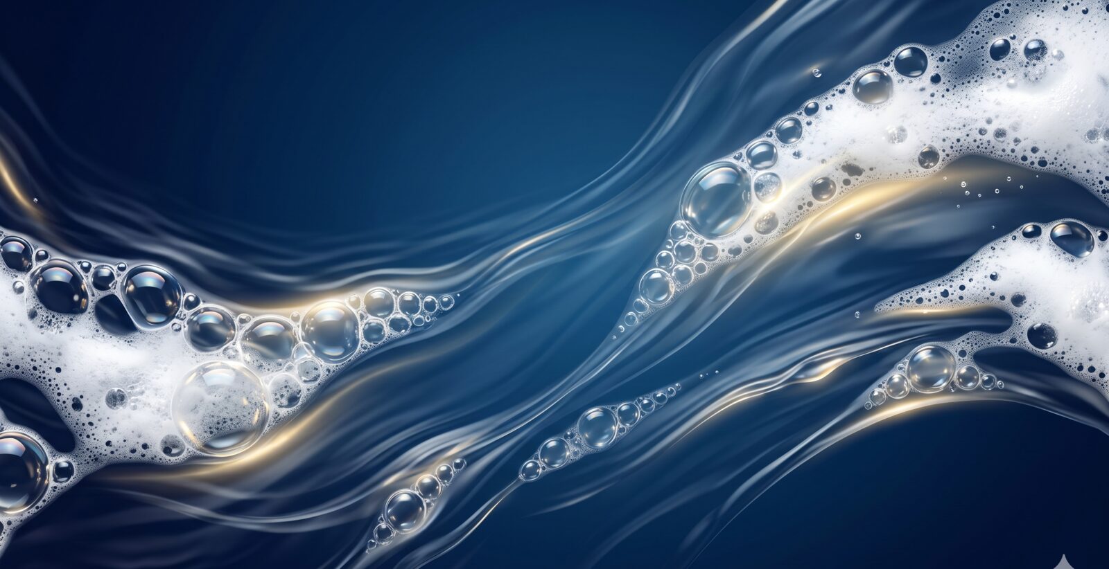 Decorative abstract background of deep-blue water, white foam, and soft golden light
