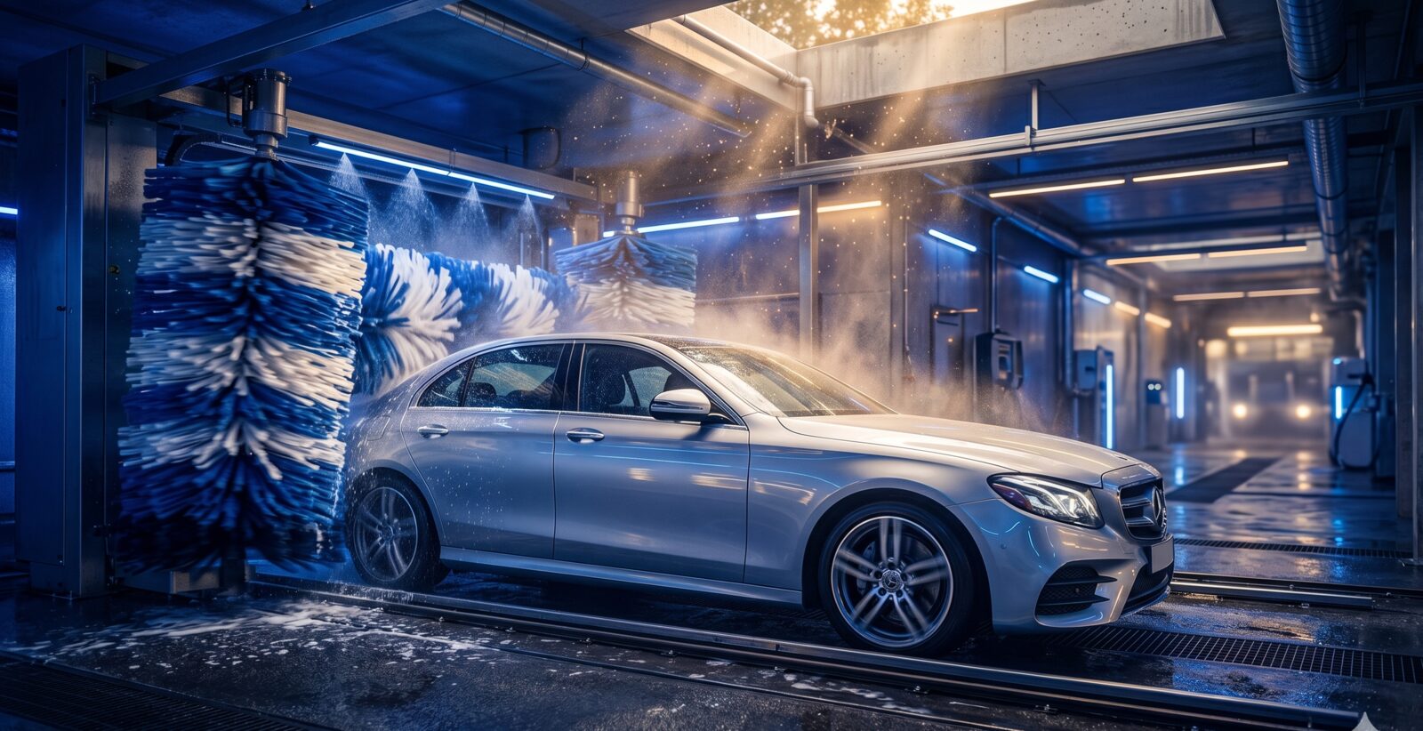 Illustration of a glossy silver sedan being cleaned in a soft-cloth wash tunnel, with blue foam brushes and water spray catching the light